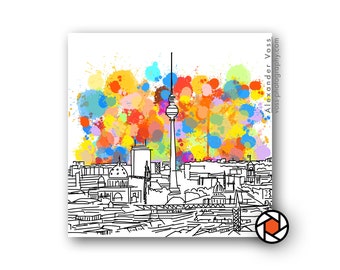 Das ideale Berlin Geschenk: Minibild Berliner Skyline - Holzbild im Mini-Format - Bunt, farbenfroh und gut gelaunt - Das original Berligram