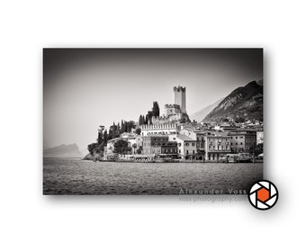 Malcesine Lake Garda Mural - Stylish Black and White Photography on Canvas - Inspiration and Beauty for Your Home