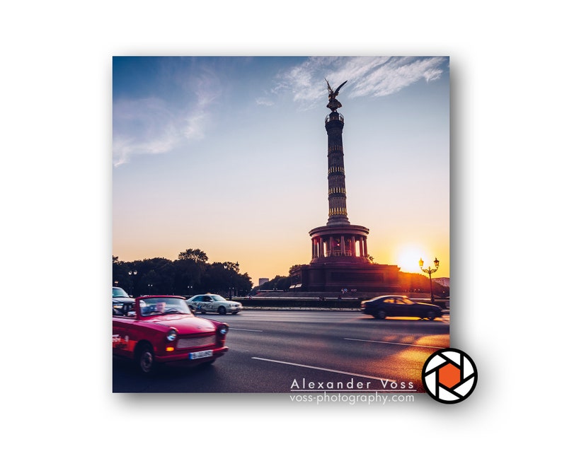 Berlin picture on wood Photo Victory Column with Trabant 10 x 10 cm The original Berligram with white border Perfect gift and souvenir image 1