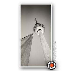 Berlin Black and White Photography - TV Tower Wall Art on Truck Tarpaulin - Portrait Format, Hangable Without Frame - Photo Art Directly from the Photographer