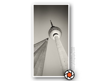 Berlin black and white photography - television tower mural on truck tarpaulin - portrait format, can be hung without a frame - photo art directly from the photographer