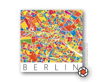 Berlin Stadtplan bunt und farbenfroh - Kleines Bild auf Holz zum Dekorieren, Sammeln u. Verschenken - Das original Berligram mit weißem Rand