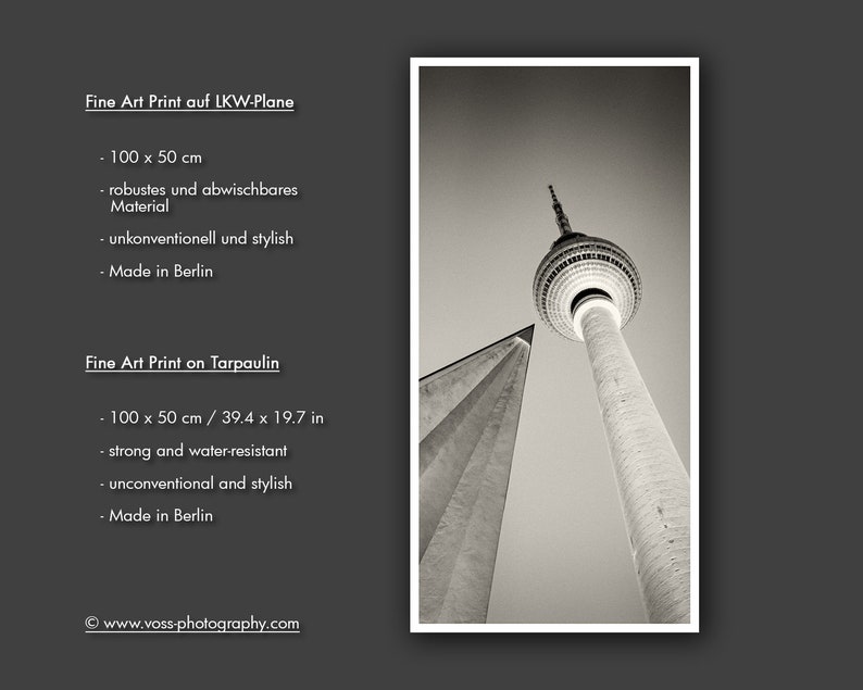 100 x 50cm **Berlin Unkonventionell und stylish: Fine Art Print auf LKW-Plane Analoge Fotografie Fernsehturm ** Foto-Kunst Schwarzweiss