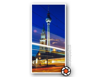 Berlin at night - Mural on truck tarpaulin - TV tower in portrait format, robust picture can hang without frame - Photo art directly from the artist