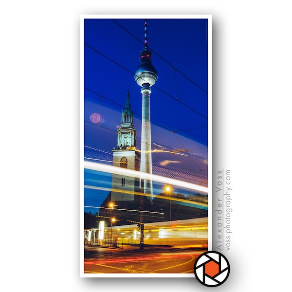 Berlin at night - mural on truck tarpaulin - TV tower in portrait format, robust picture can hang without a frame - photo art directly from the artist