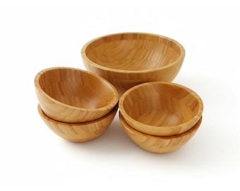 Craftwork: Schalen 5er Set aus dickem Bambus, im Hirnholz-Look, 4 kleine + große Schale, Premium Qualität im Nature Design, Braun, 20 cm