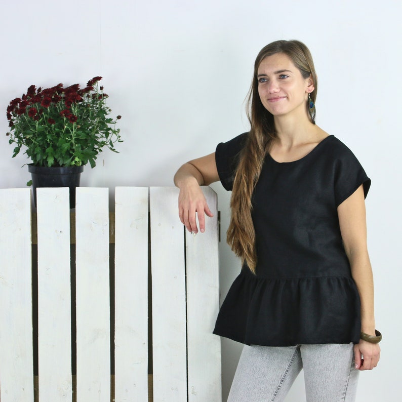 Black Linen Top Washed Linen Shirt Loose Linen Blouse Linen Shirt Ruffled Bottom Black Linen Top Blouse with Linen TShirt Linen Blouse