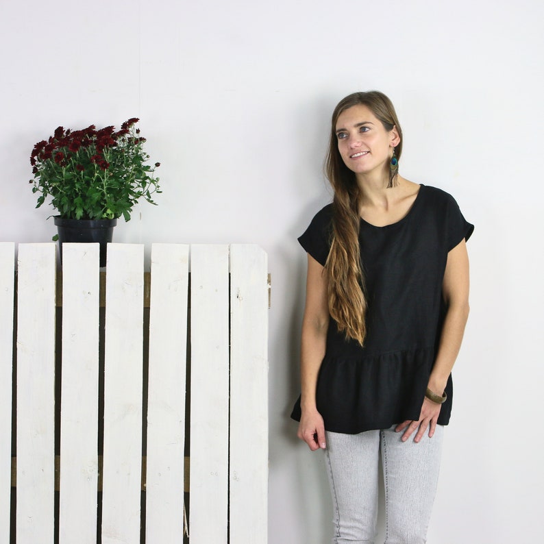 Black Linen Top Washed Linen Shirt Loose Linen Blouse Linen Shirt Ruffled Bottom Black Linen Top Blouse with Linen TShirt Linen Blouse