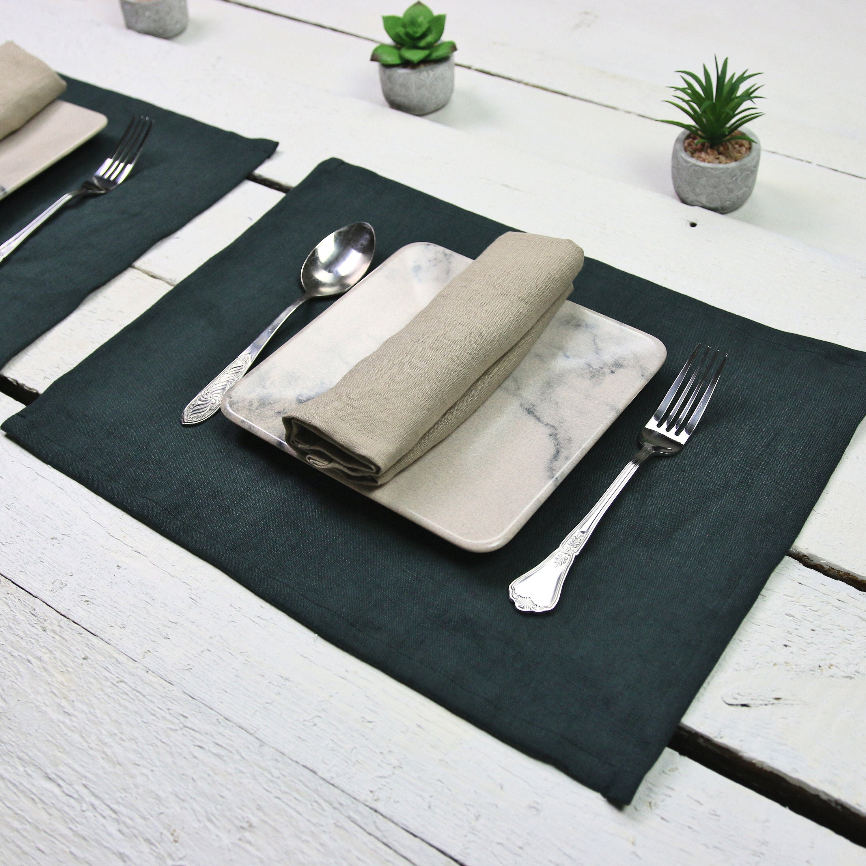 Forest green linen placemats Softened linen placemats set Etsy