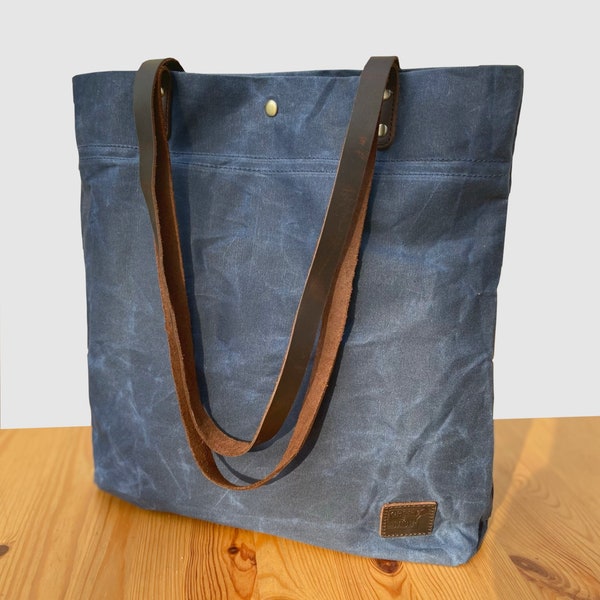 Waxed Canvas Market Bag | Tote Bag | Shopping Bag | Water Repellent Purse with Genuine Leather Handles