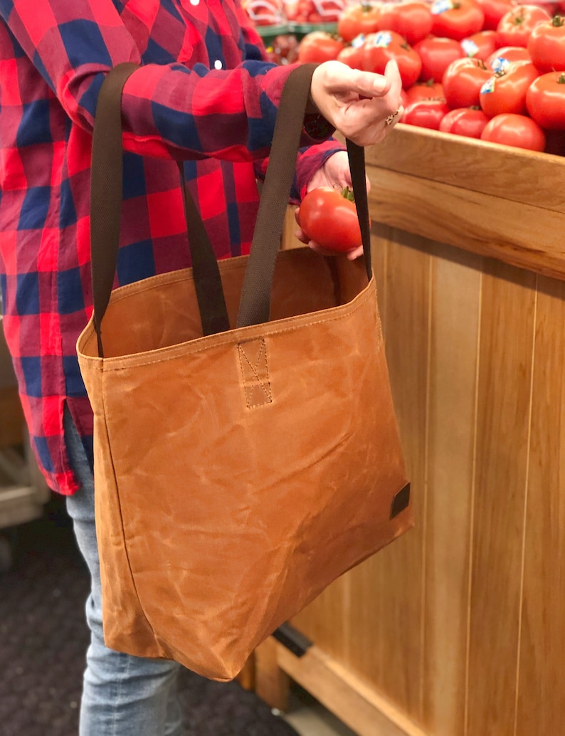 Waxed Canvas Grocery Bag / Eco Friendly Reusable Market Bag / Extra Strong Large Shopping Bag image 2