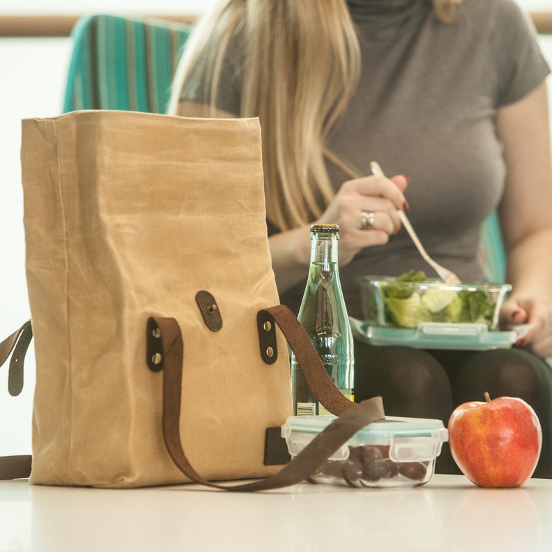 Insulated Waxed Cotton Canvas Lunch Bag For Women Designer Tote Light Weight, Spacious, Collapsible Genuine Leather Long Handle Sand