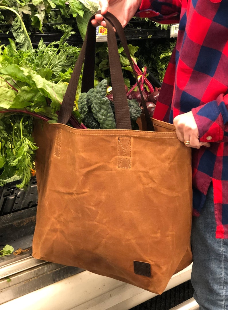 Waxed Canvas Grocery Bag / Eco Friendly Reusable Market Bag / Extra Strong Large Shopping Bag image 3