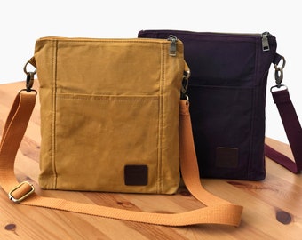 Waxed Canvas Shoulder Bag | Medium Sized Crossbody Bag | Work Purse | Water Resistant, Zippered Purse w/ Cotton Webbing Strap