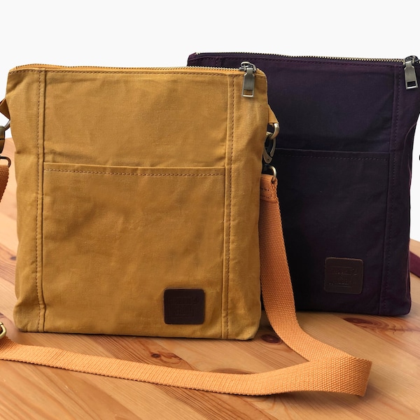 Waxed Canvas Shoulder Bag | Medium Sized Crossbody Bag | Work Purse | Water Resistant, Zippered Purse w/ Cotton Webbing Strap