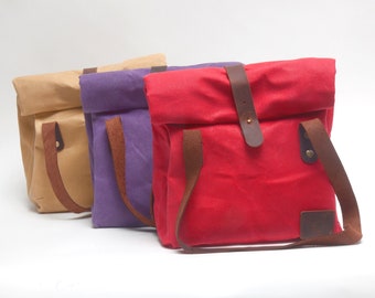 Gewachste Baumwolle Canvas Lunch Tasche für Frauen | Designer Tragetasche Leicht, geräumig, zusammenklappbar | Langer Griff aus echtem Leder