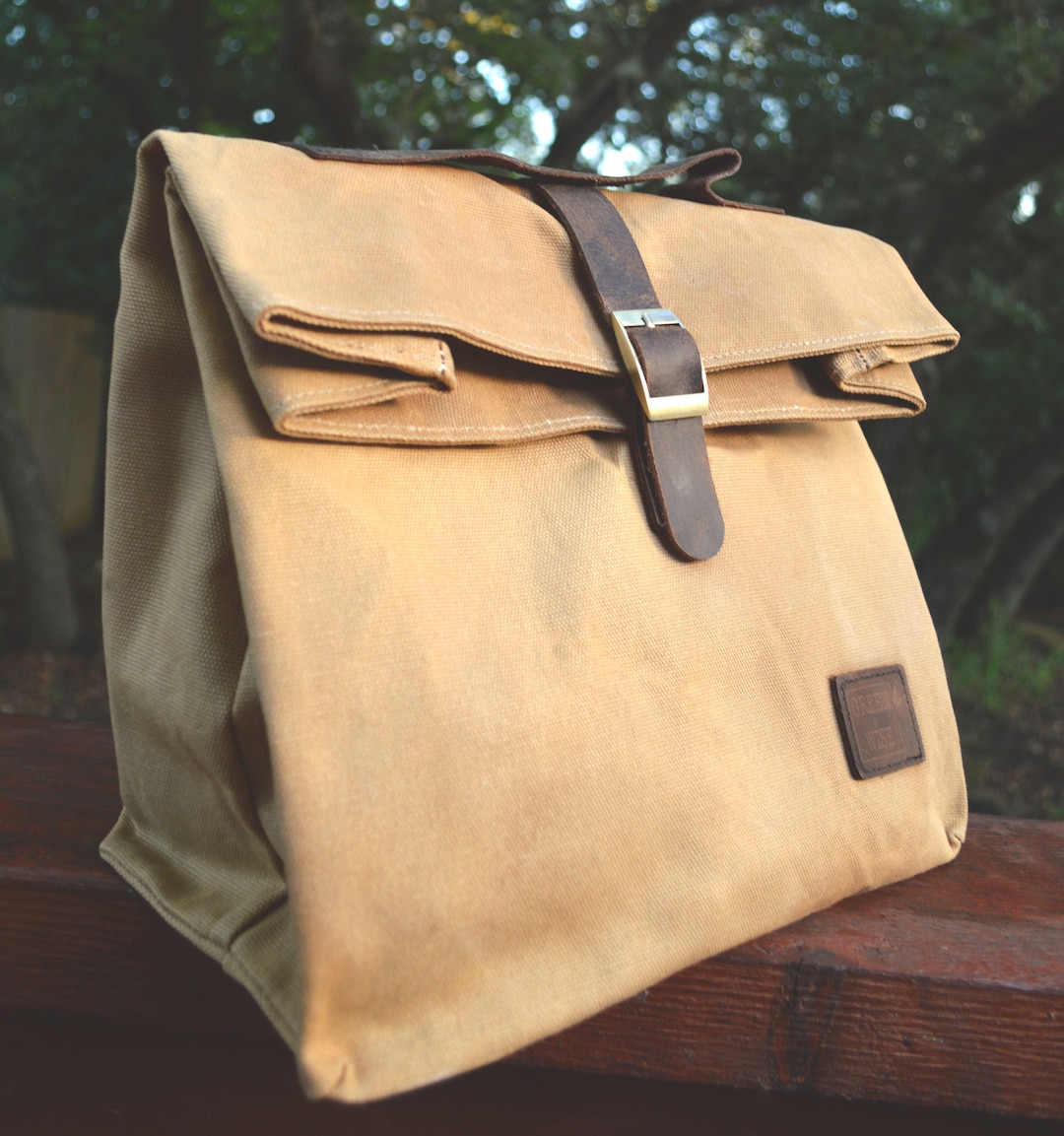 Insulated Waxed Cotton Canvas Lunch Bag W/genuine Leather Details