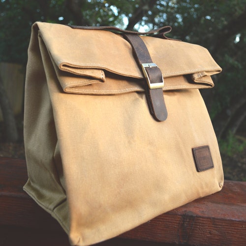 Insulated Waxed Cotton Canvas Lunch Bag w/Genuine Leather Details & Outside Pocket | Designer Tote | Light Weight, Spacious, Collapsible