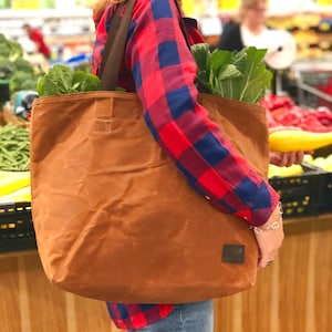 Waxed Canvas Grocery Bag / Eco Friendly Reusable Market Bag / Extra Strong Large Shopping Bag image 1