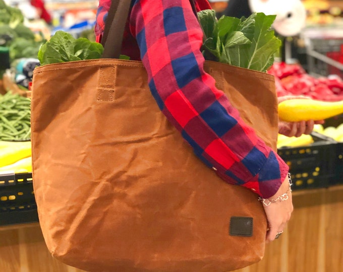 Waxed Canvas Grocery Bag / Eco Friendly Reusable Market Bag / Extra Strong Large Shopping Bag