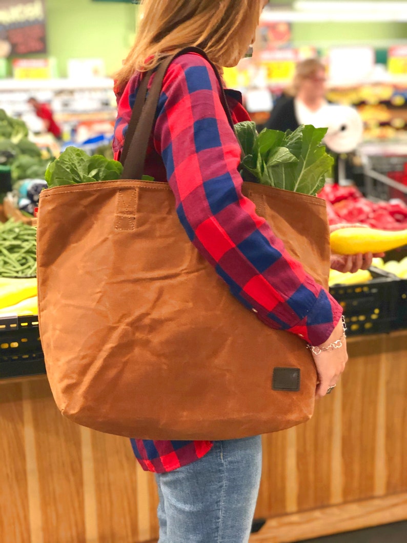 Waxed Canvas Grocery Bag / Eco Friendly Reusable Market Bag / Extra Strong Large Shopping Bag image 1