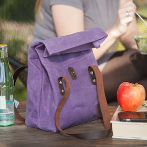 Insulated Waxed Cotton Canvas Lunch Bag For Women Designer Tote Light Weight, Spacious, Collapsible Genuine Leather Long Handle Purple