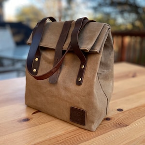 Insulated Waxed Cotton Canvas Lunch Bag For Women Designer Tote Light Weight, Spacious, Collapsible Genuine Leather Long Handle Brown