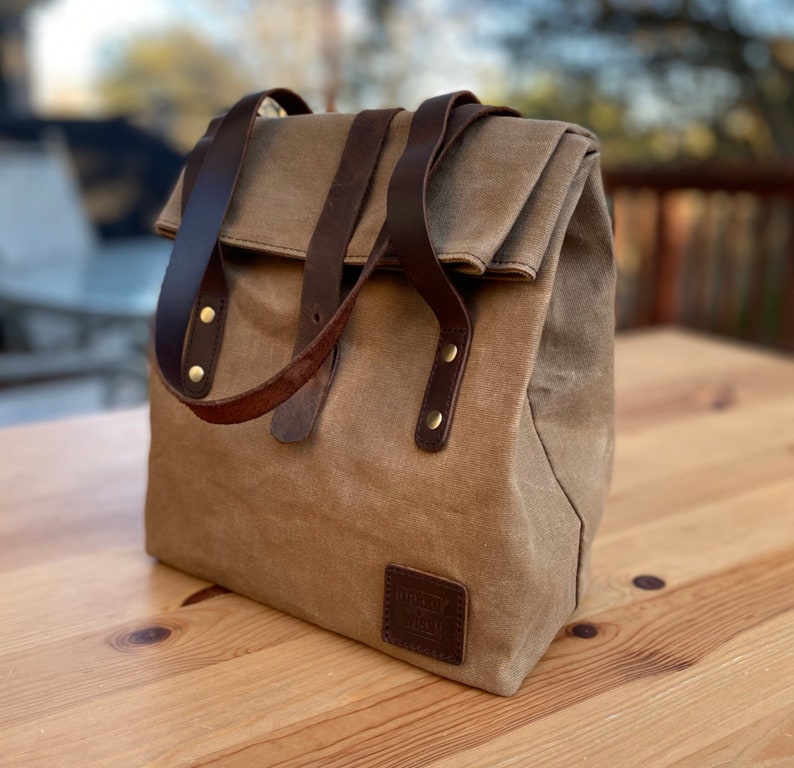 Insulated Waxed Cotton Canvas Lunch Bag For Women Designer Tote Light Weight, Spacious, Collapsible Genuine Leather Long Handle Brown