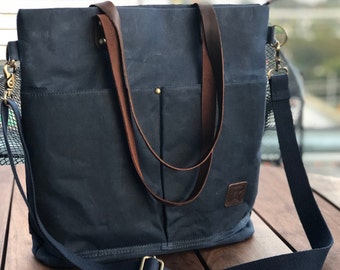 Waxed Canvas Bag | Crossbody Bag | Tote Bag | Water Repelent Zippered Purse w/ Genuine Leather Handles and Long Cotton Webbing Strap