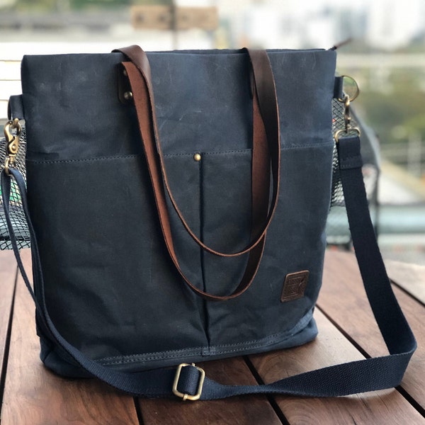 Bolsa de lona encerada | Bolsa transversal | Bolsa tote | Bolsa impermeável com zíper, alças de couro legítimo e alça longa de algodão.