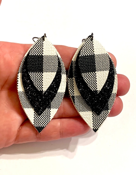 Triangle Shaped Earrings Black and White Geometric Earrings Buffalo Plaid Peaks and Valleys Layered Triangle Leather and Metal Earrings