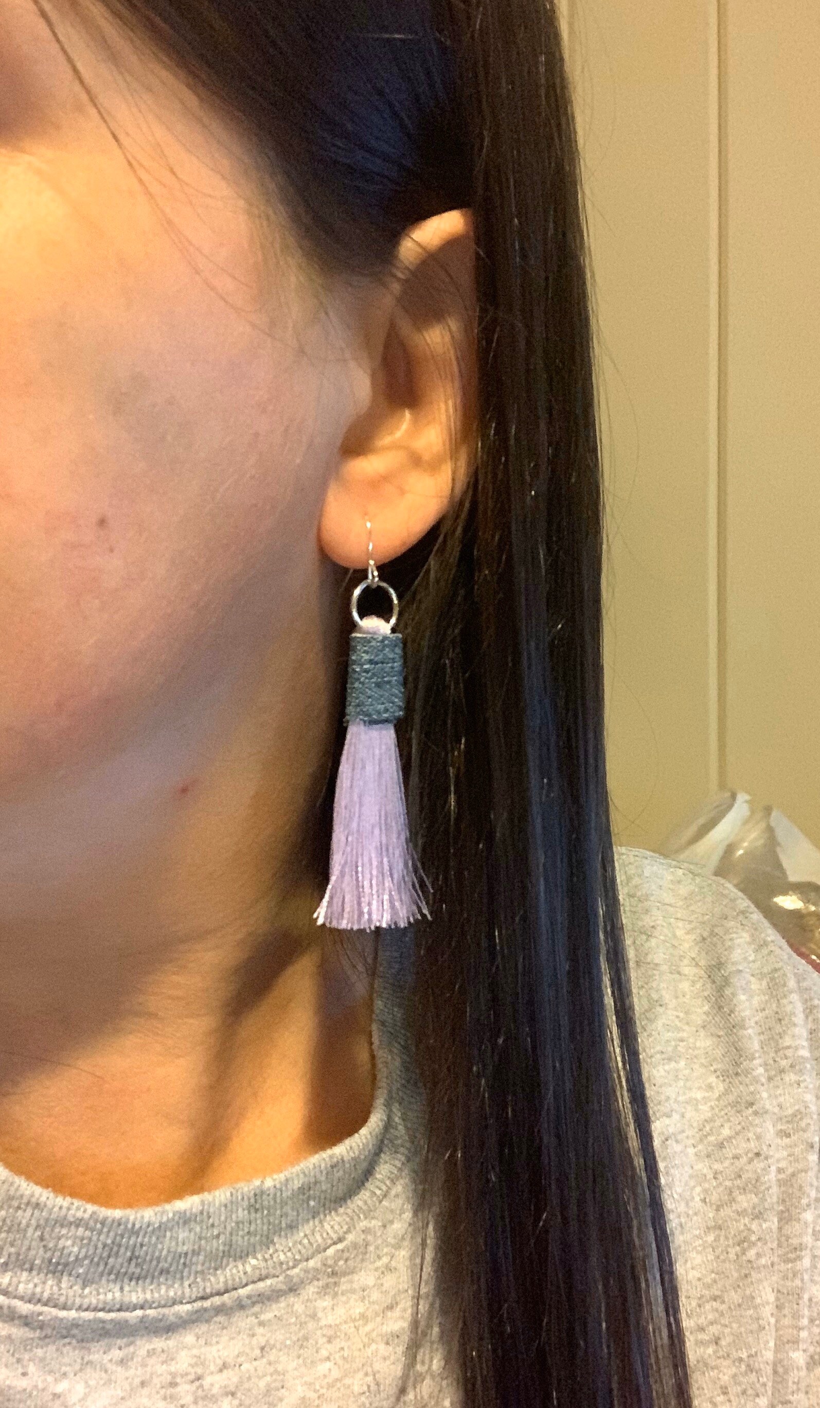 Denim and purple tassel earrings blue jean fabric dangle boho Etsy