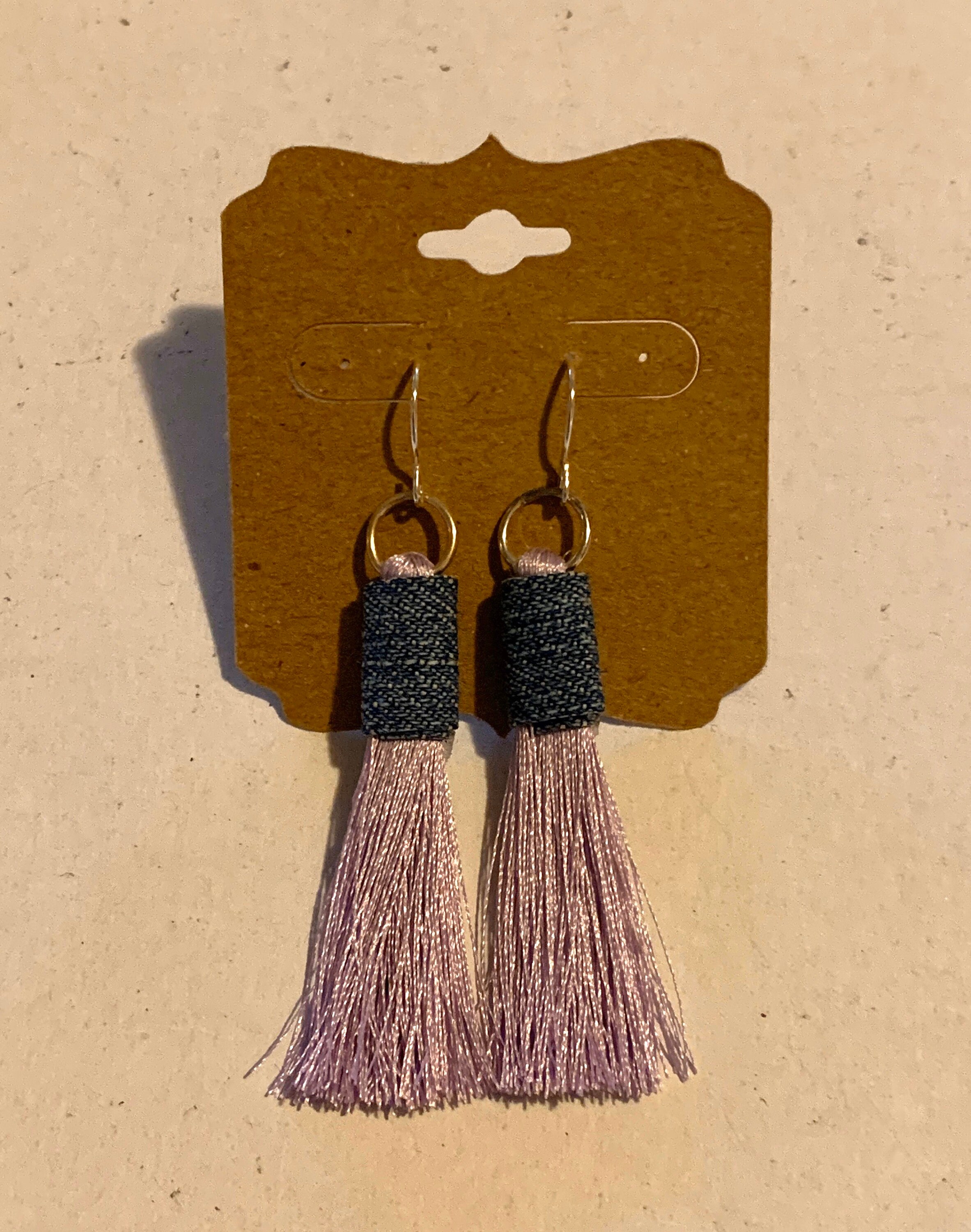 Denim and purple tassel earrings blue jean fabric dangle boho Etsy