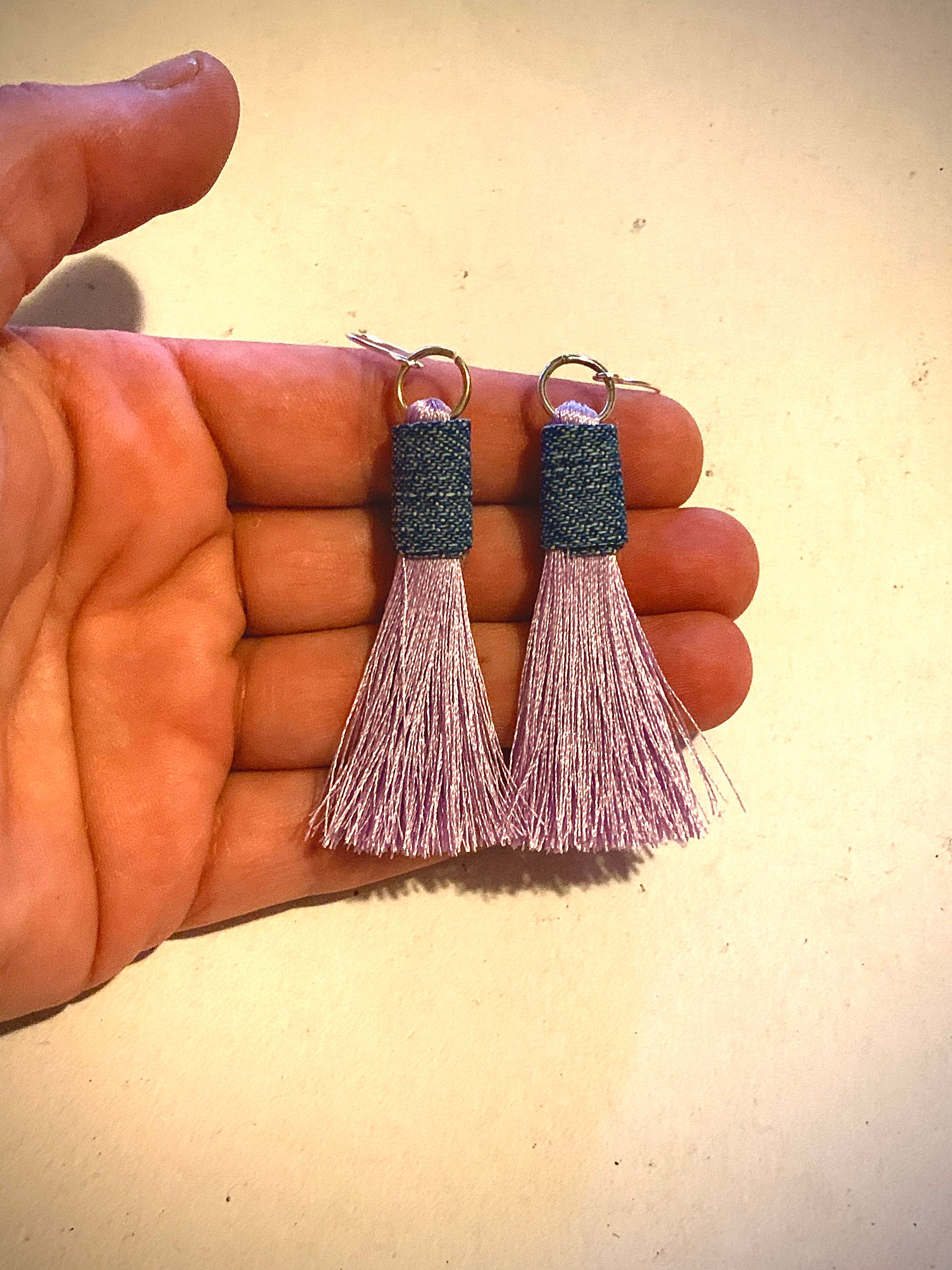 Denim and purple tassel earrings blue jean fabric dangle boho Etsy