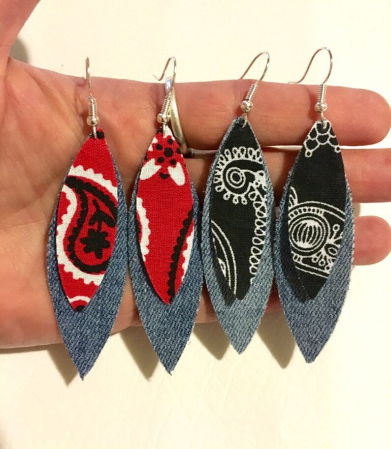 Long Layered Fabric Earrings Denim Bandana Paisley Slim Dangle Etsy