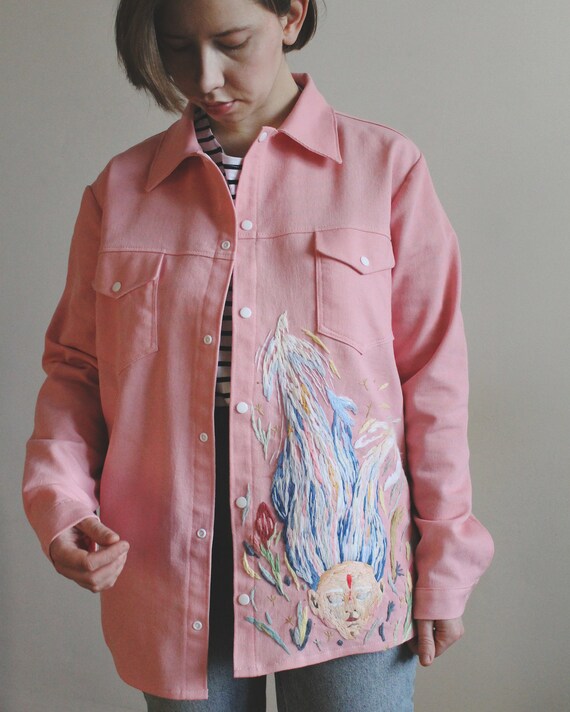 Pink denim shirt with hand embroidery LAMPAembr Etsy