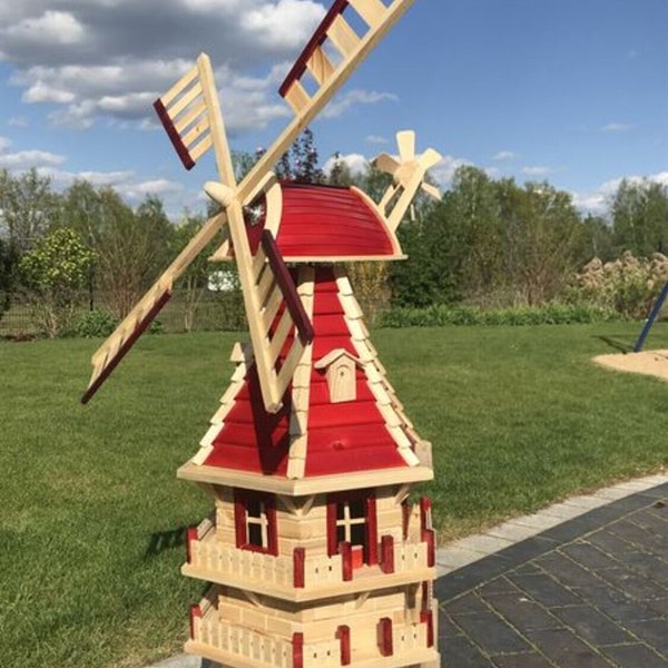 WM 1,4 Lamelle dreist. rot - Norddeutsche Holzwindmühle mit Lamellendach | dreistöckig, 140 cm hoch - auch mit Solarbeleuchtung