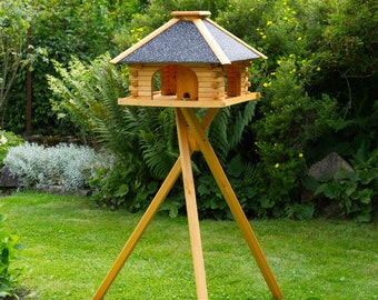 Vogelhaus V 20 Stein mit Solarbeleuchtung und Ständer , massives Vogelhaus, Vogelfutterhaus mit Ständer