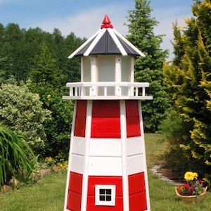 XXL Leuchtturm rot-weiß mit 230 V LED Beleuchtung aus Holz, 1.40m