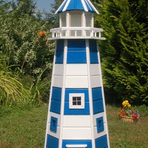 Phare XXL bleu-blanc avec éclairage LED 230 V, en bois, 1,40 m