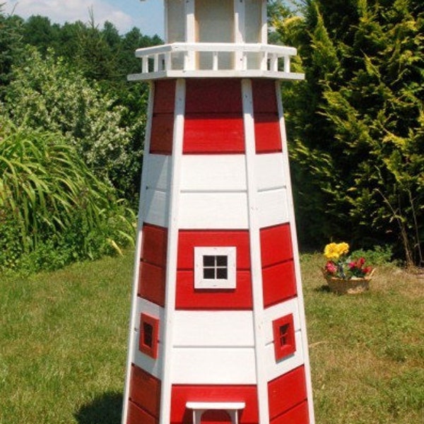 XXL Leuchtturm rot-weiß mit 230 V bunter LED Beleuchtung, aus Holz, 1.40m