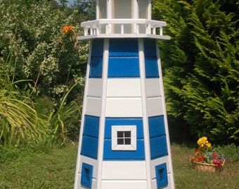 Phare XXL bleu/blanc solaire en bois, 1,40 m