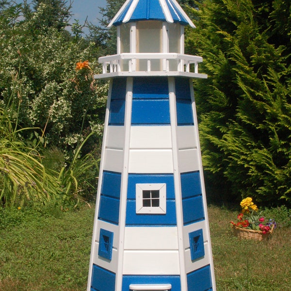 Phare XXL bleu/blanc solaire en bois, 1,40 m