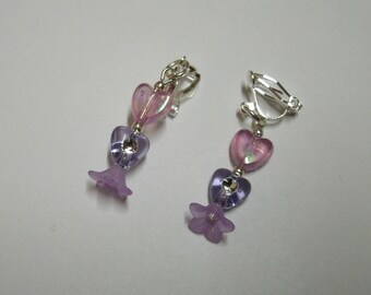 Children's ear clips * Heart with flower caps * Lilac