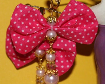 EARCLIPS * FABRIC BOW *Pink with white dots