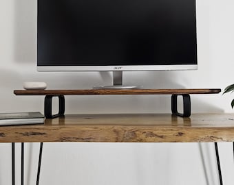 Soporte de monitor de madera hecho a mano: Elevador de escritorio ergonómico con patas de metal