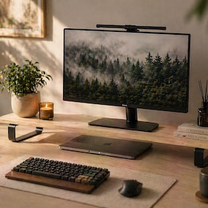Könnte beinhalten: Ein moderner Schreibtisch mit einem Computermonitor, der eine Waldszene zeigt. Der Schreibtisch umfasst eine Holz-Tastatur, Maus, Laptop und einen Monitorständer. Eine kleine Pflanze, Kerze und Bücher ergänzen das Ambiente.