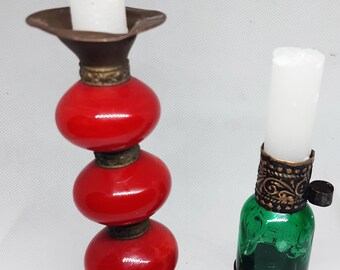 2 Moroccan Red Glass Stick Candle Holder & Green Bottle Container Used as a holder,Bohemian Home decor,Handmade art deco Vintage style Gift