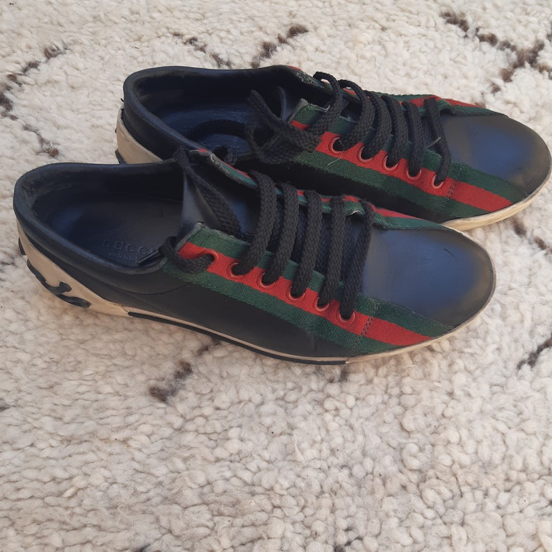 GUCCI Green Red Ribbon Soft Leather Black Shoes Sneakers Made - Etsy UK