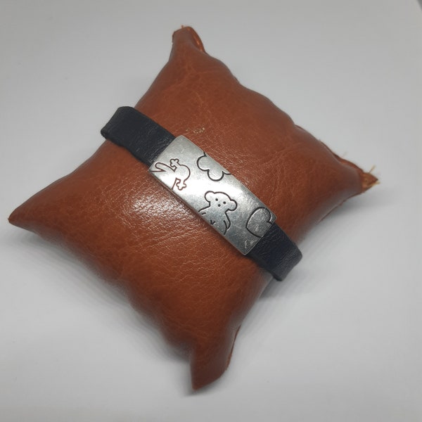 Tous 925 Silver Bracelet Black Silicone Band,Tous Carved Teady Bear Bracelet, Rare Tous Black Leather cuff Gift ,Charm Teady Bear Silver 925